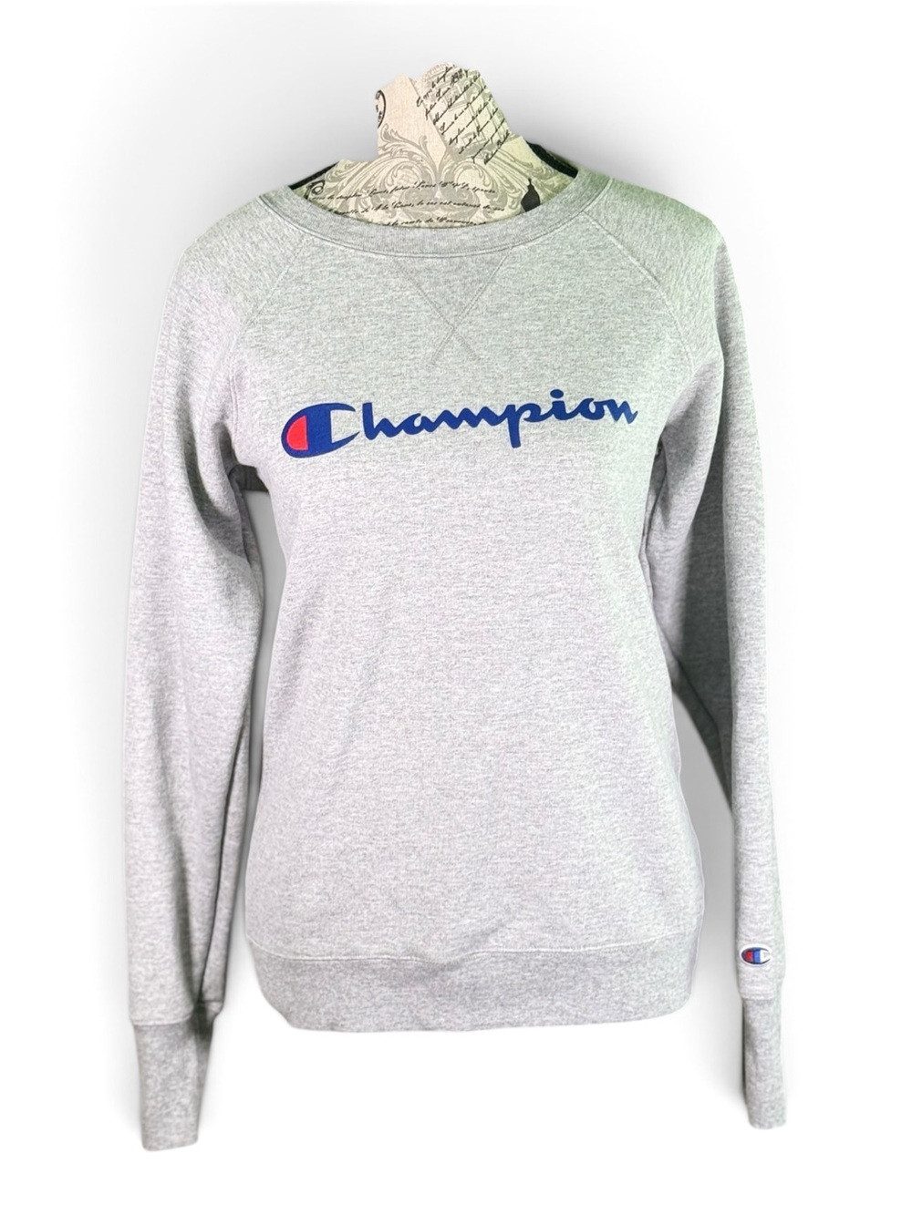 Champion Light Gray Crewneck Sweatshirt with Blue & Red Logo